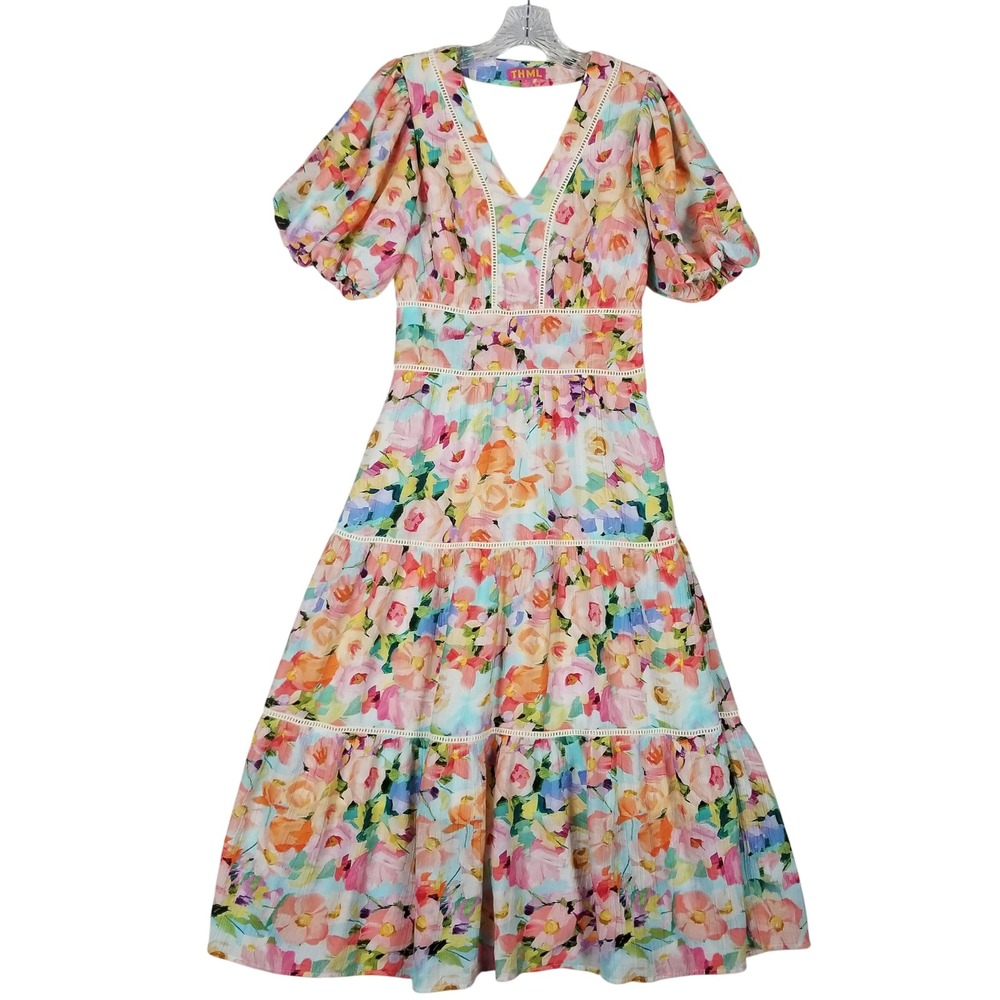 THML Floral Midi Dress Women Small Pink Watercolor Puff Sleeve Tiered WCT2887-PK